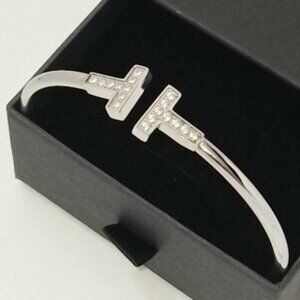 18k Gold Plated "T" Bangle Bracelet with Cubic Zirconia 316L Steel Trendy Love